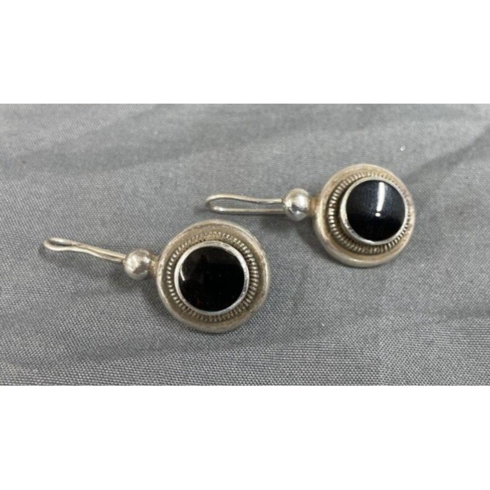 Vintage Sterling Silver Black Onyx Drop Earrings Shepherd Hook Dangle 10g